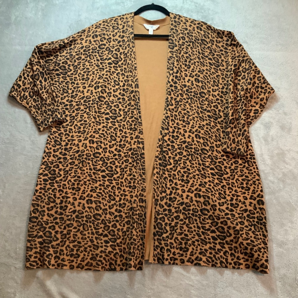 Terra & Sky Womens 2X Leopard Print Open Front Cardigan Knit Sweater Tan Black